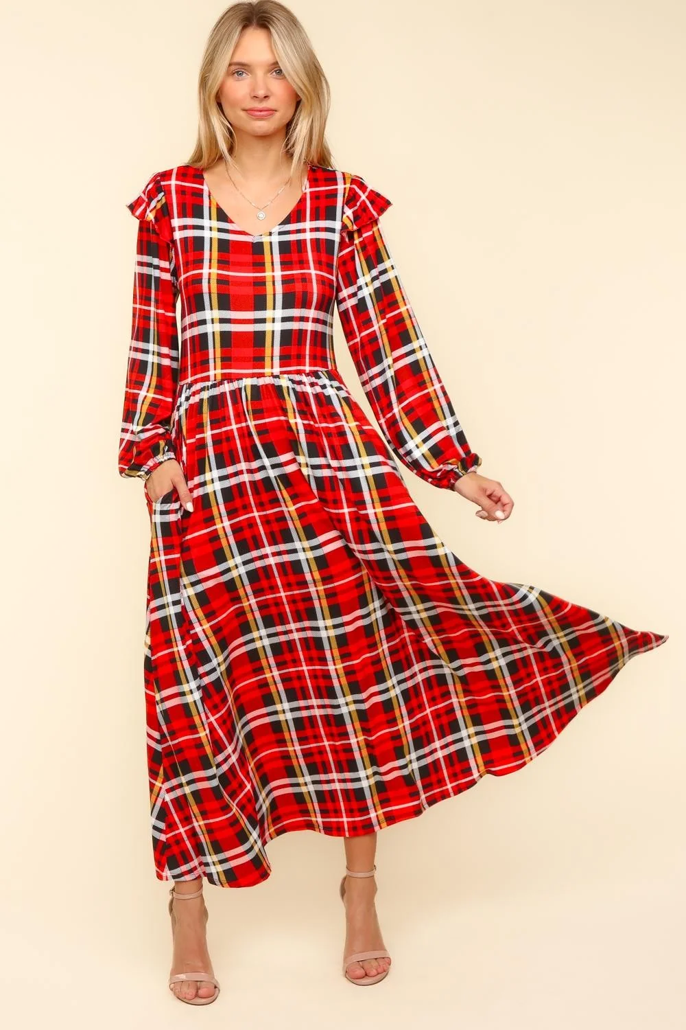 PLUS SHOULDER RUFFLE PLAID PRINT WITH SIDE POCKETS - Image 2