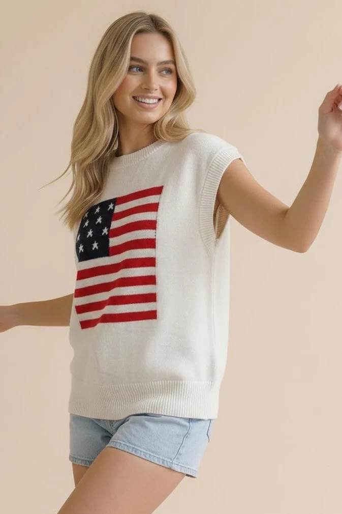 Plus Size Ivory American Flag Knit Sweater Vest Top