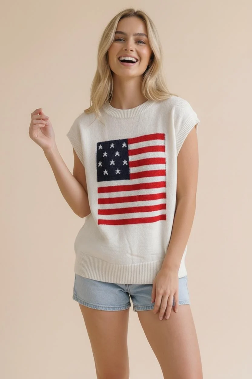 Plus Size Ivory American Flag Knit Sweater Vest Top - Image 5