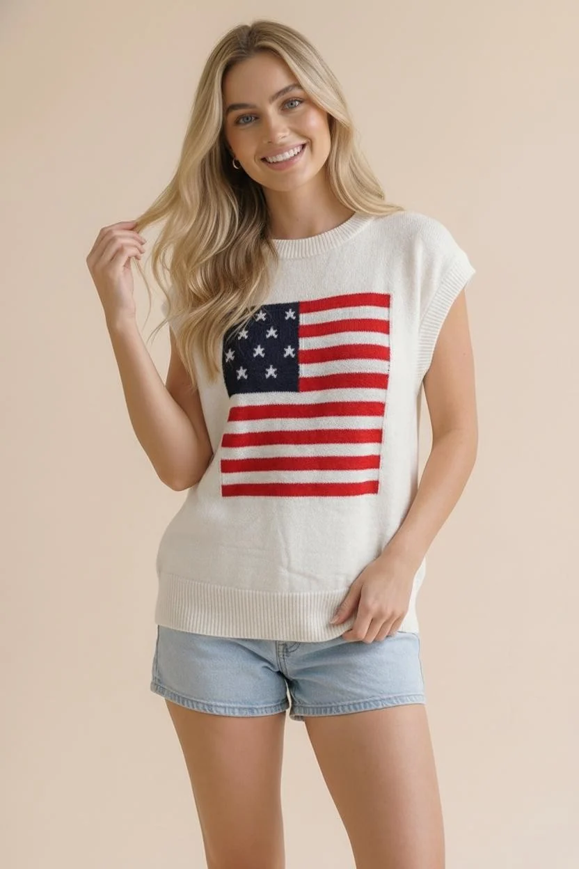 Plus Size Ivory American Flag Knit Sweater Vest Top - Image 6