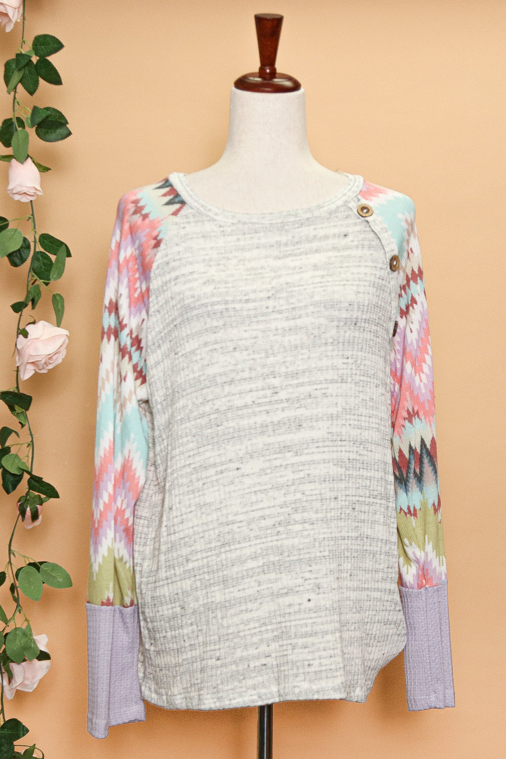 Plus Slub Rib Ethnic Pattern Thermal Button Top