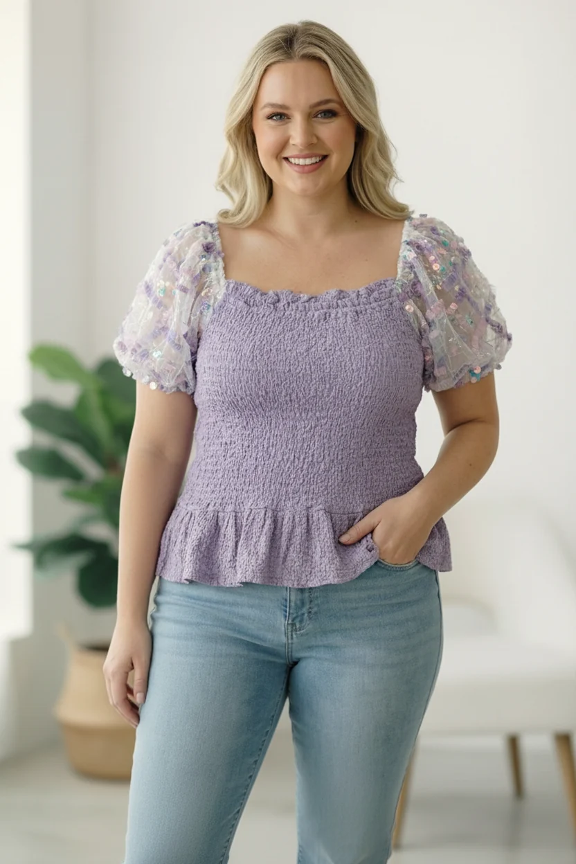 Plus Lilac Smocking Design Sequin Sleeve Top - Image 2