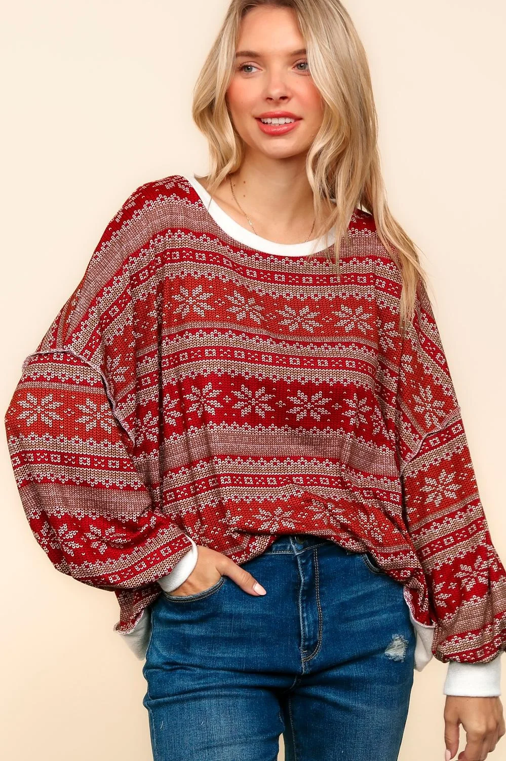 PLUS SNOW FLAKE PRINT SWEATER HACCI HOLIDAY TOP - Image 5
