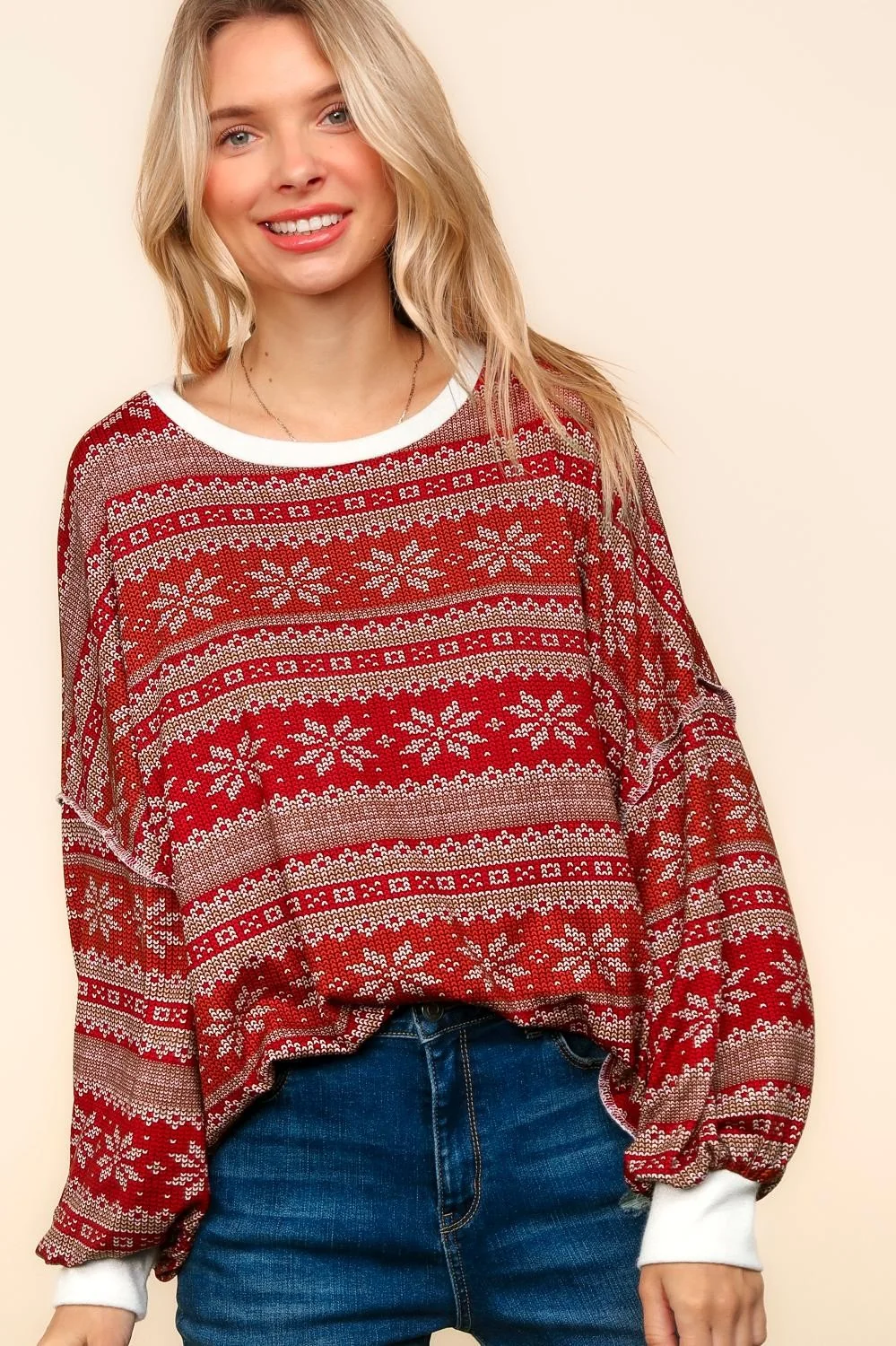 PLUS SNOW FLAKE PRINT SWEATER HACCI HOLIDAY TOP - Image 3