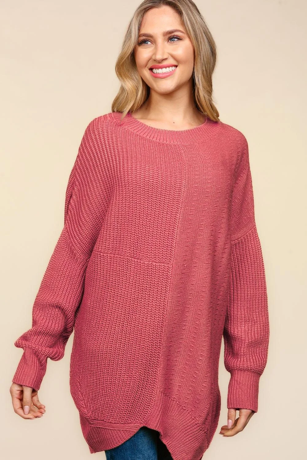 PLUS SOLID PATTERNED ASYMMETRIC SWEATER KNIT TOP - Image 2