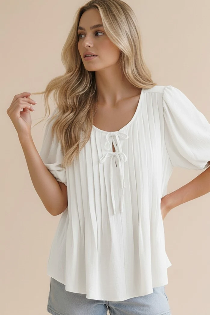 PLUS SOLID PLEATED BLOUSE W/ RIBBON BOW DETAIL - Image 8
