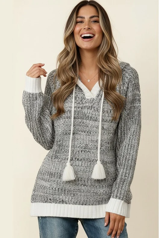 PLUS SOLID RIB PULLOVER SWEATER TOP W/ HOODIE - Image 4