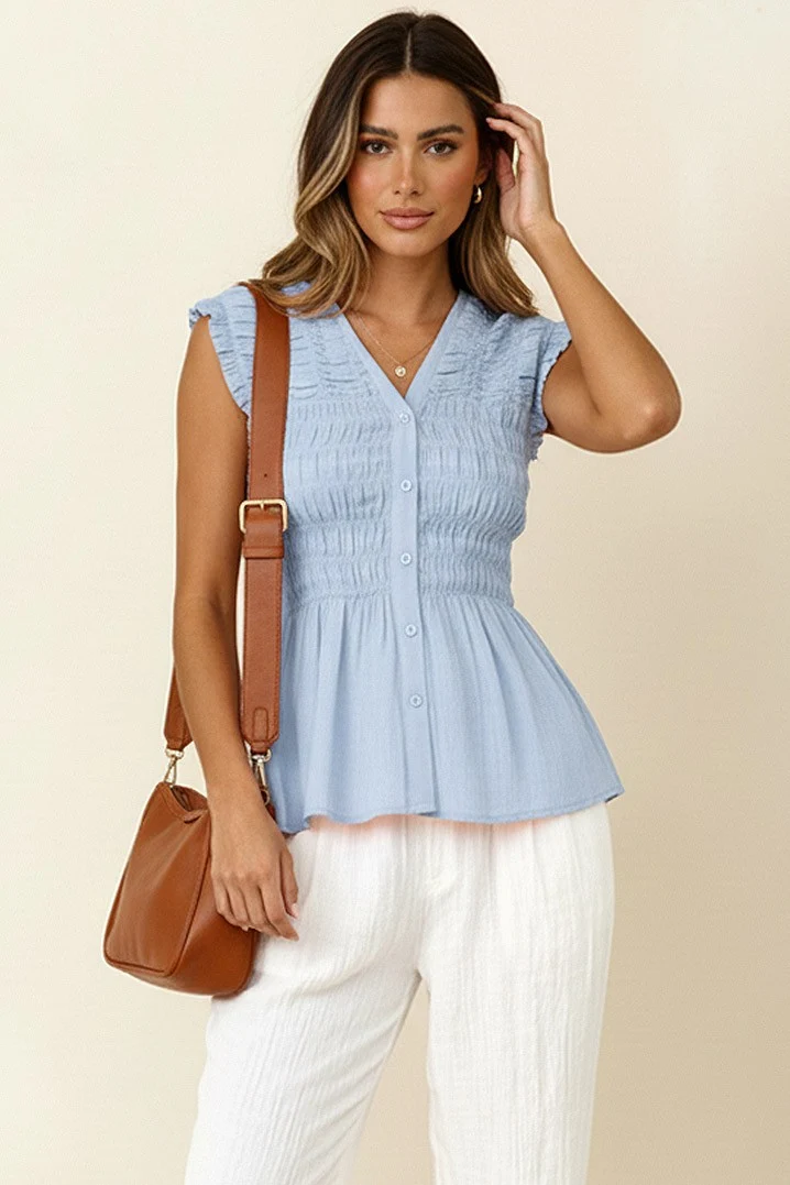 SOLID V NECK BUTTON DOWN WOVEN BLOUSE