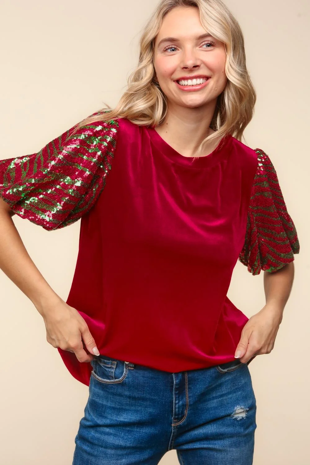 PLUS SOLID VELVET SEQUINS BUBBLE SHORT SLEEVE TOP - Image 2