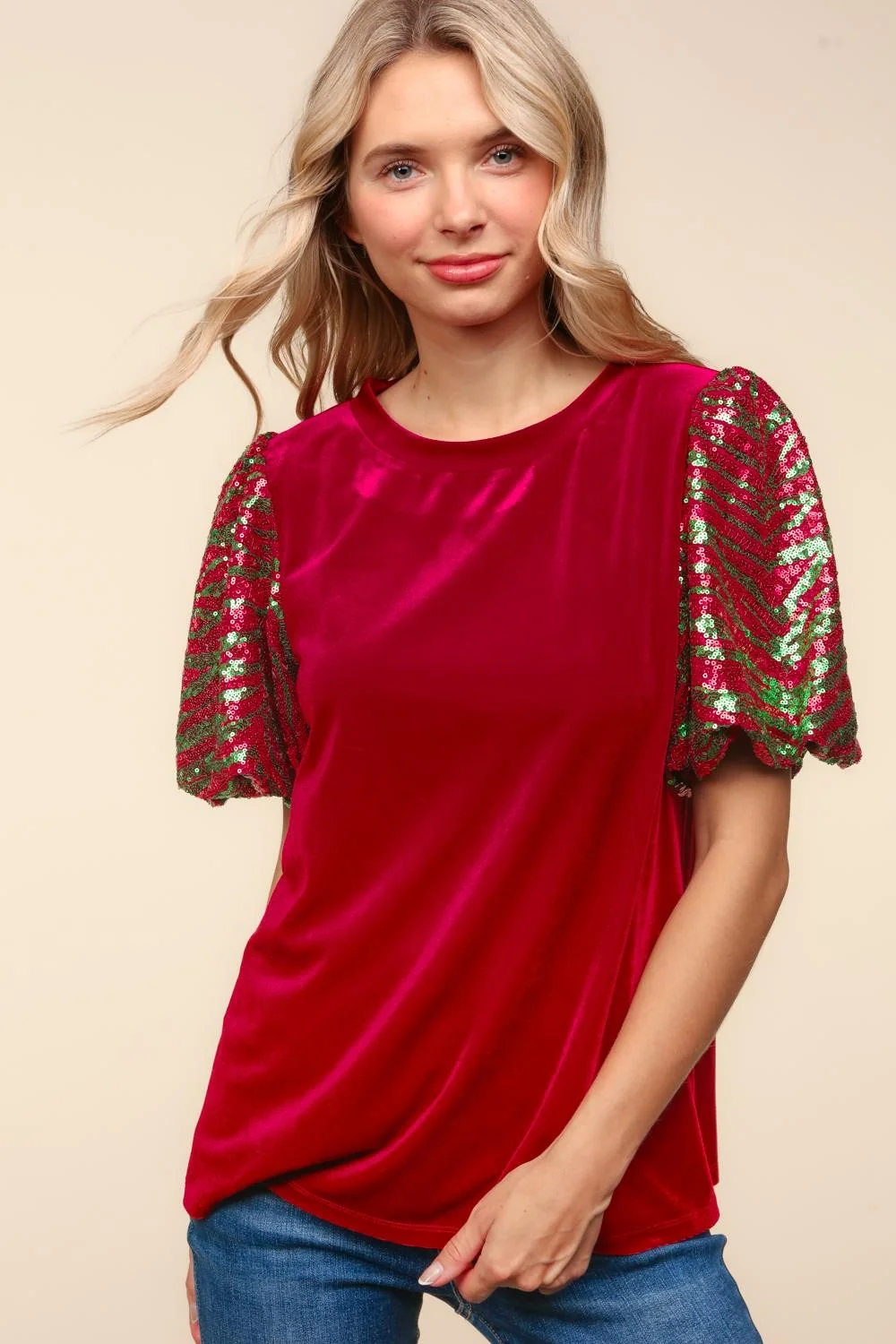 PLUS SOLID VELVET SEQUINS BUBBLE SHORT SLEEVE TOP - Image 3