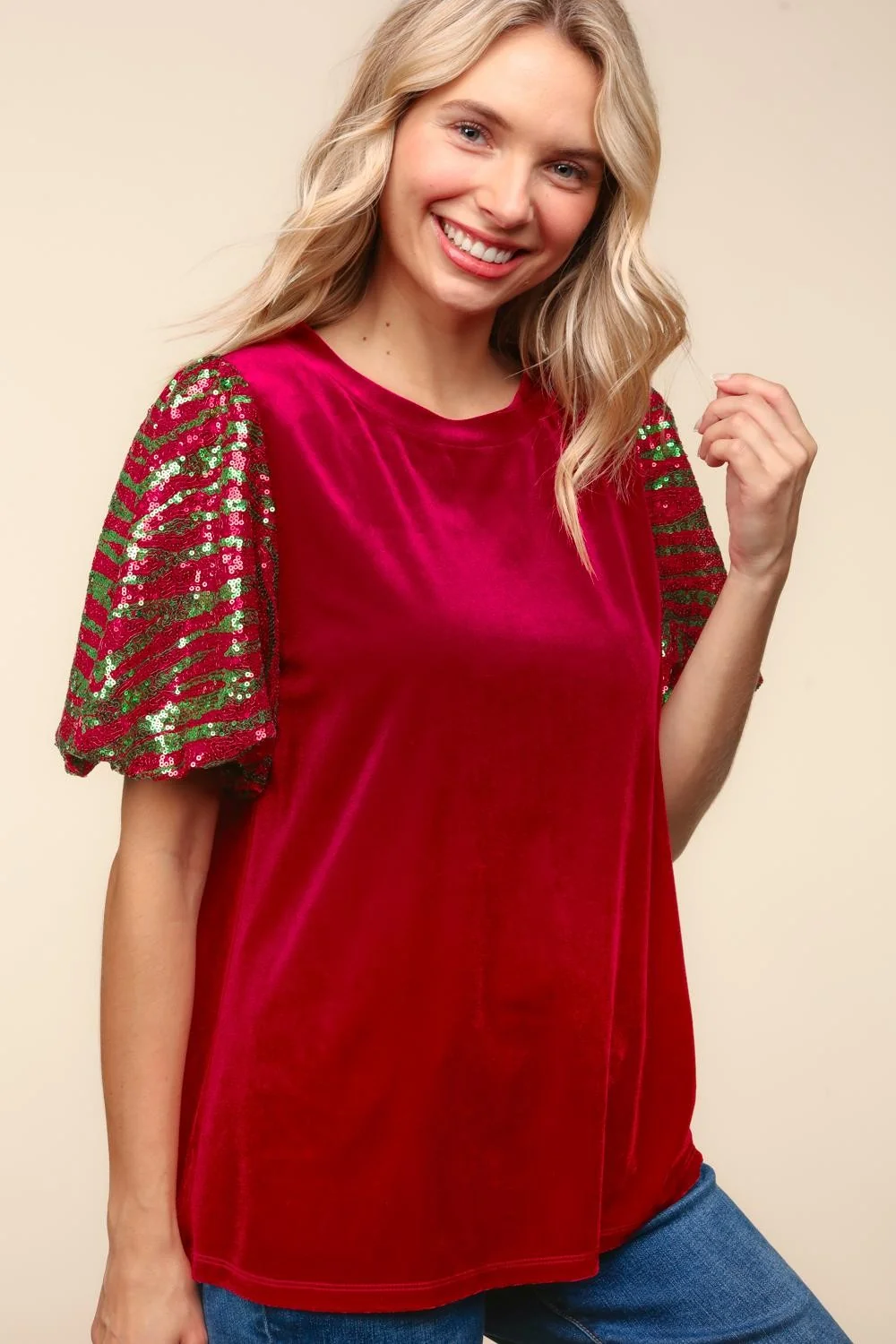 PLUS SOLID VELVET SEQUINS BUBBLE SHORT SLEEVE TOP - Image 4