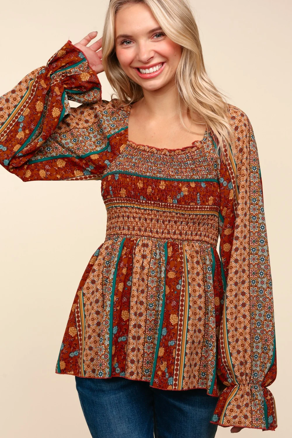 Plus Square Neck Babydoll Bohemian Floral Woven Top - Image 2