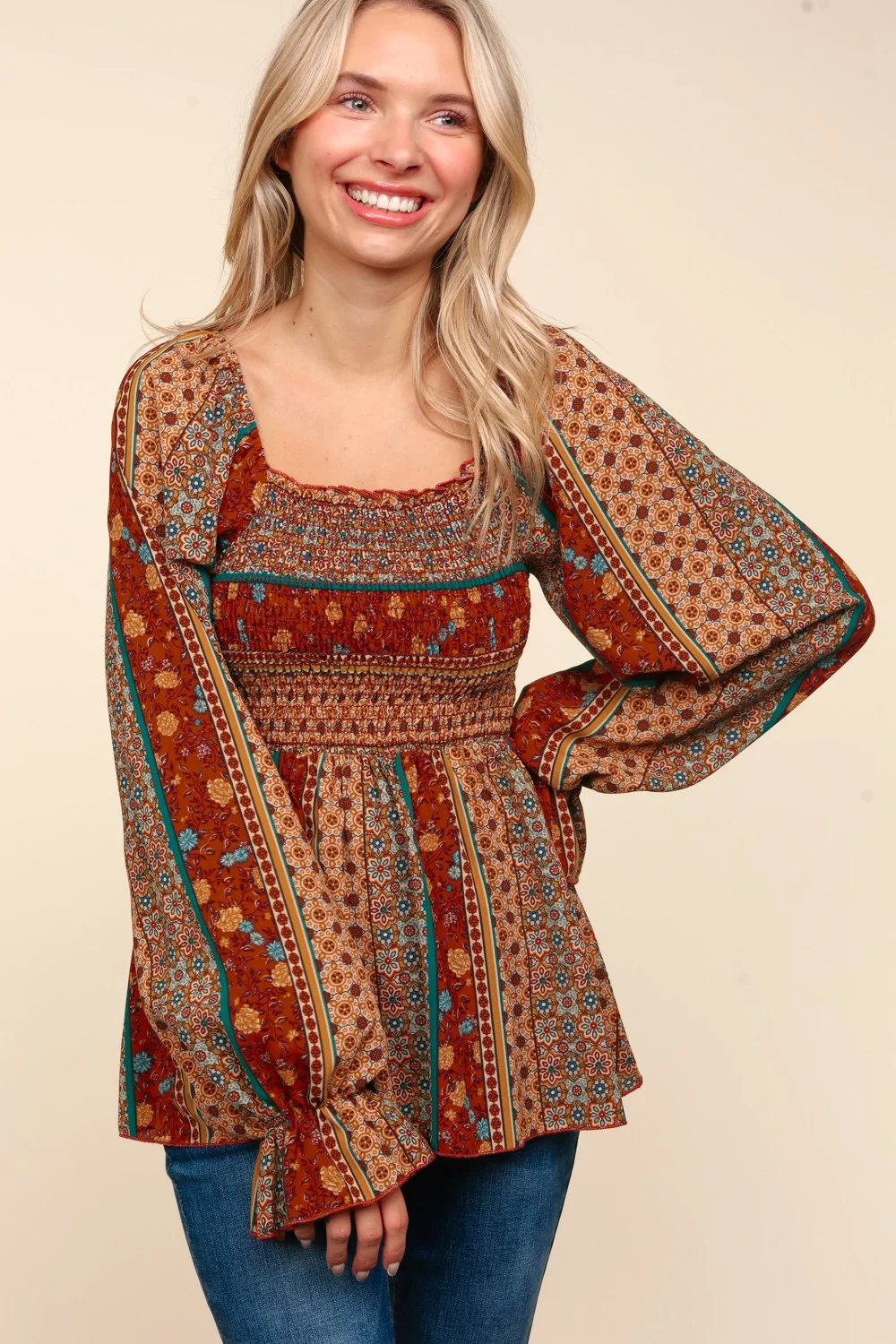 Plus Square Neck Babydoll Bohemian Floral Woven Top - Image 3