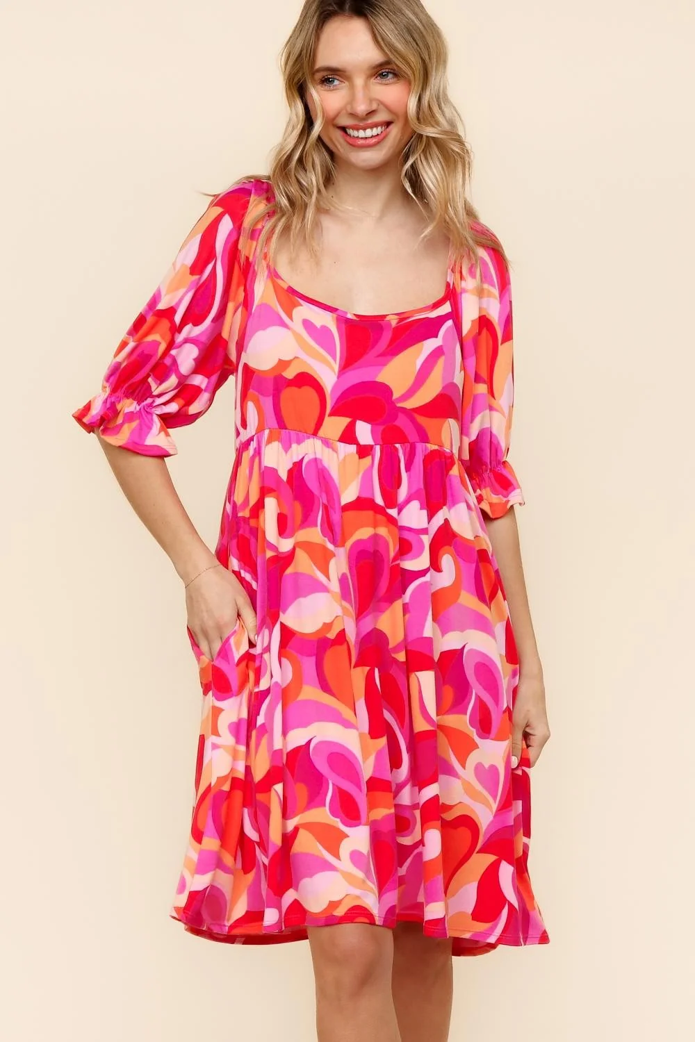 PLUS SQUARE NECK KNEE LENGTH DRESS W/SIDE POCKETS - Image 3