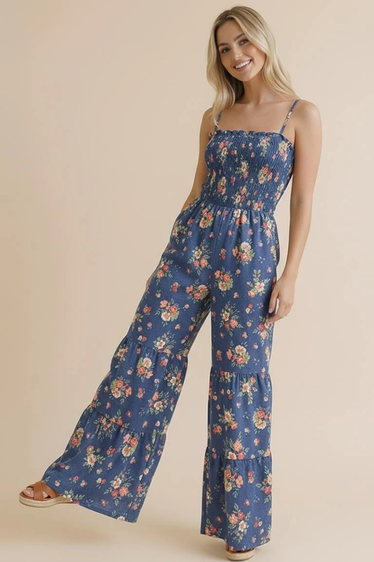 STRAP SHOULDER SMOCKING FLORAL JUMPSUIT - Image 3