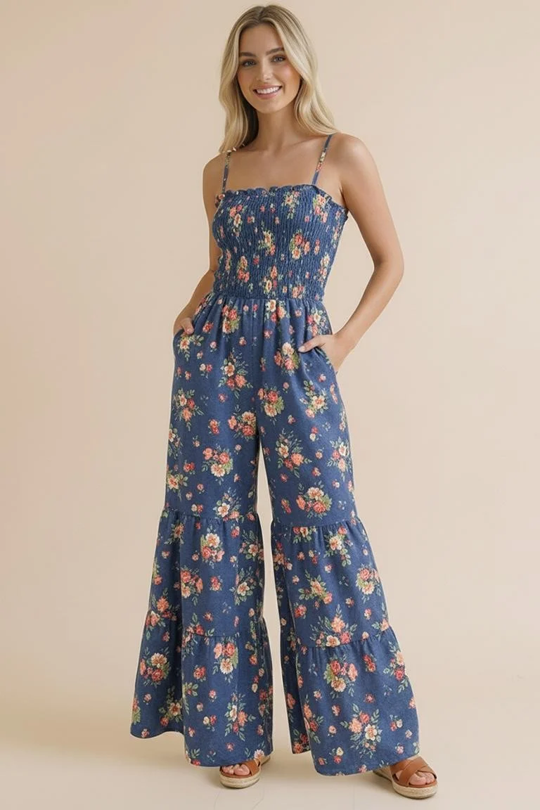 STRAP SHOULDER SMOCKING FLORAL JUMPSUIT - Image 4