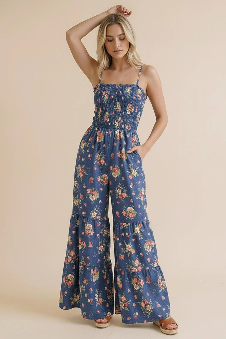 STRAP SHOULDER SMOCKING FLORAL JUMPSUIT - Image 5