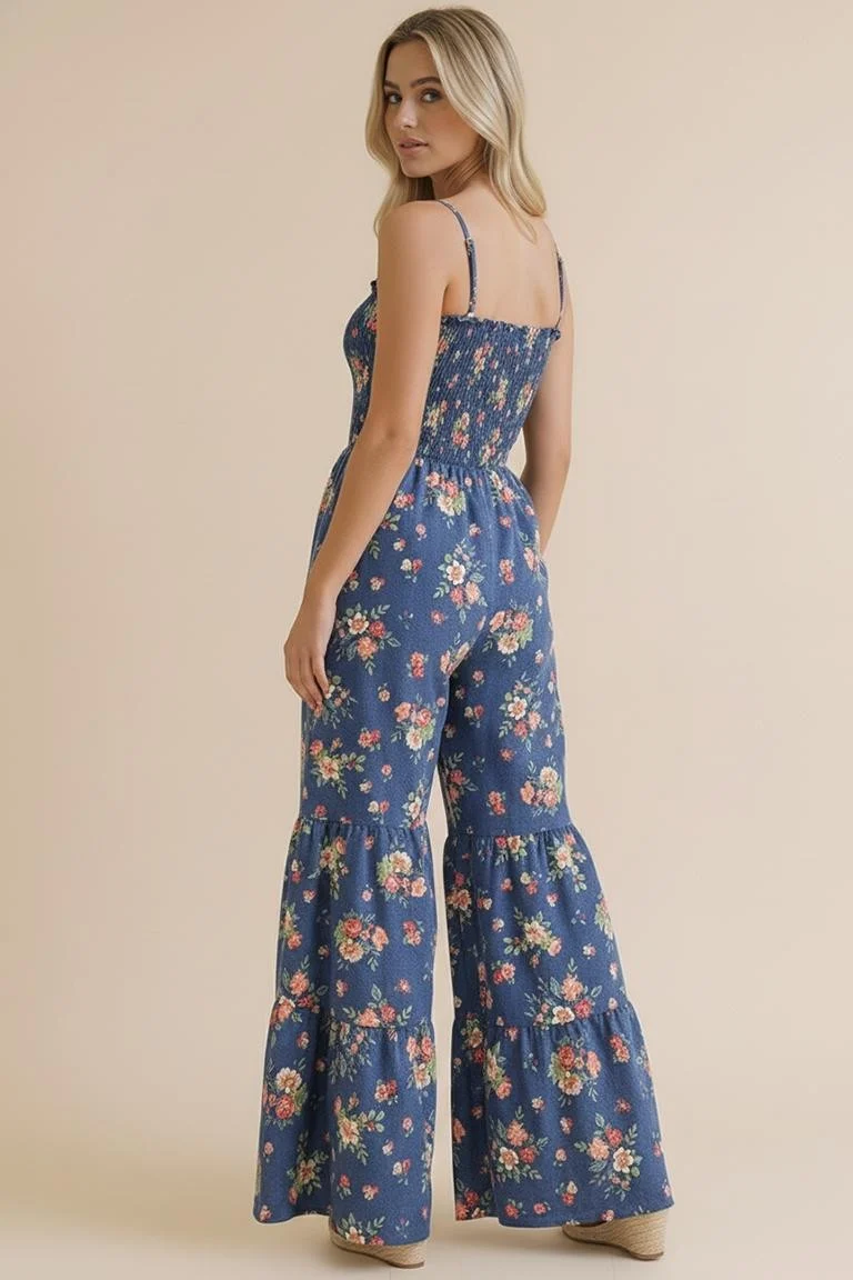 STRAP SHOULDER SMOCKING FLORAL JUMPSUIT - Image 6