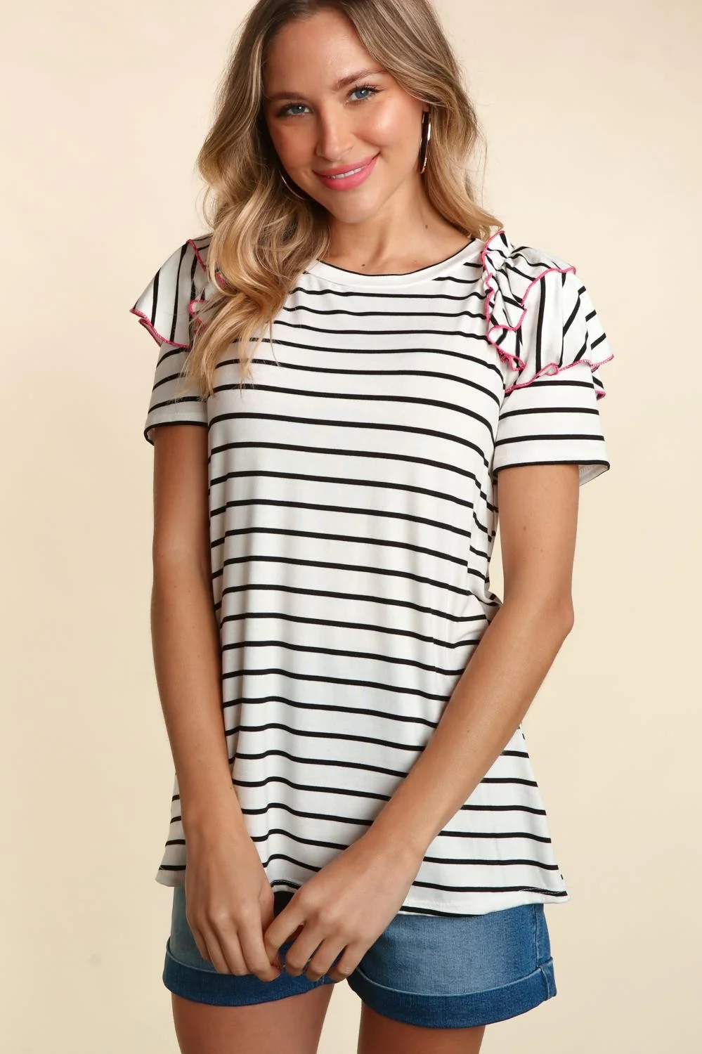 Plus Stripe Double Ruffle Frill Short Sleeve Top - Image 5
