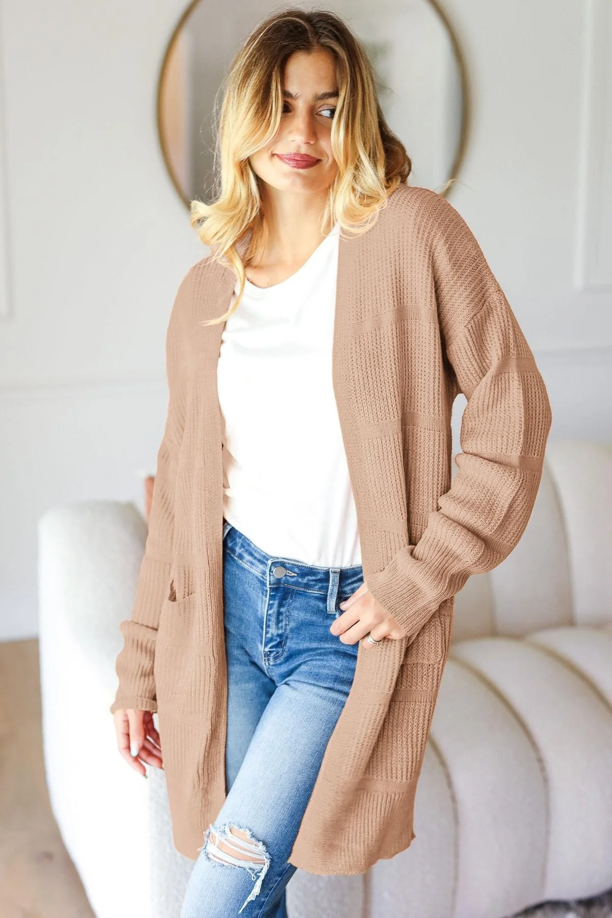 PLUS STRIPE TEXTURED OPEN CARDIGAN WITH POCKETS - Image 3