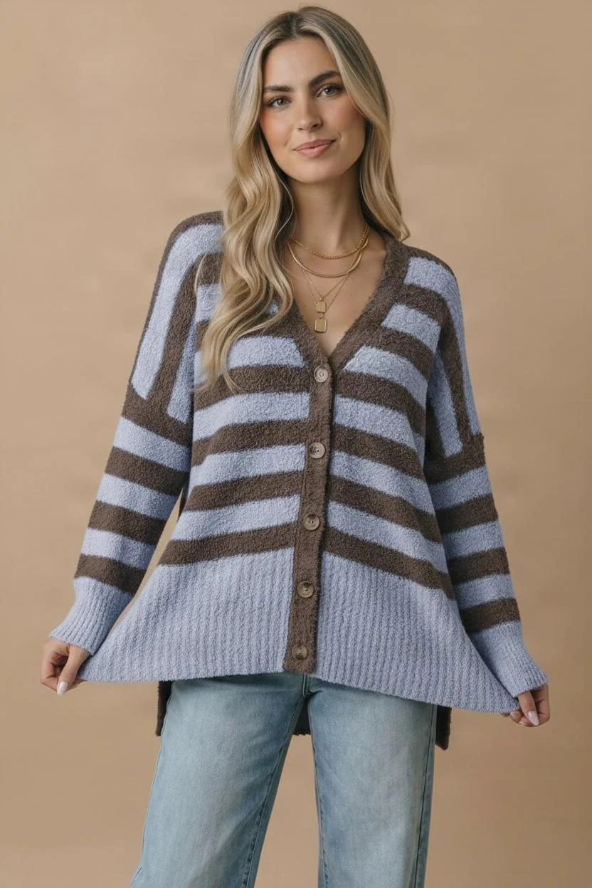 Plus Striped Boucle Button Front Cardigan Sweater - Image 6