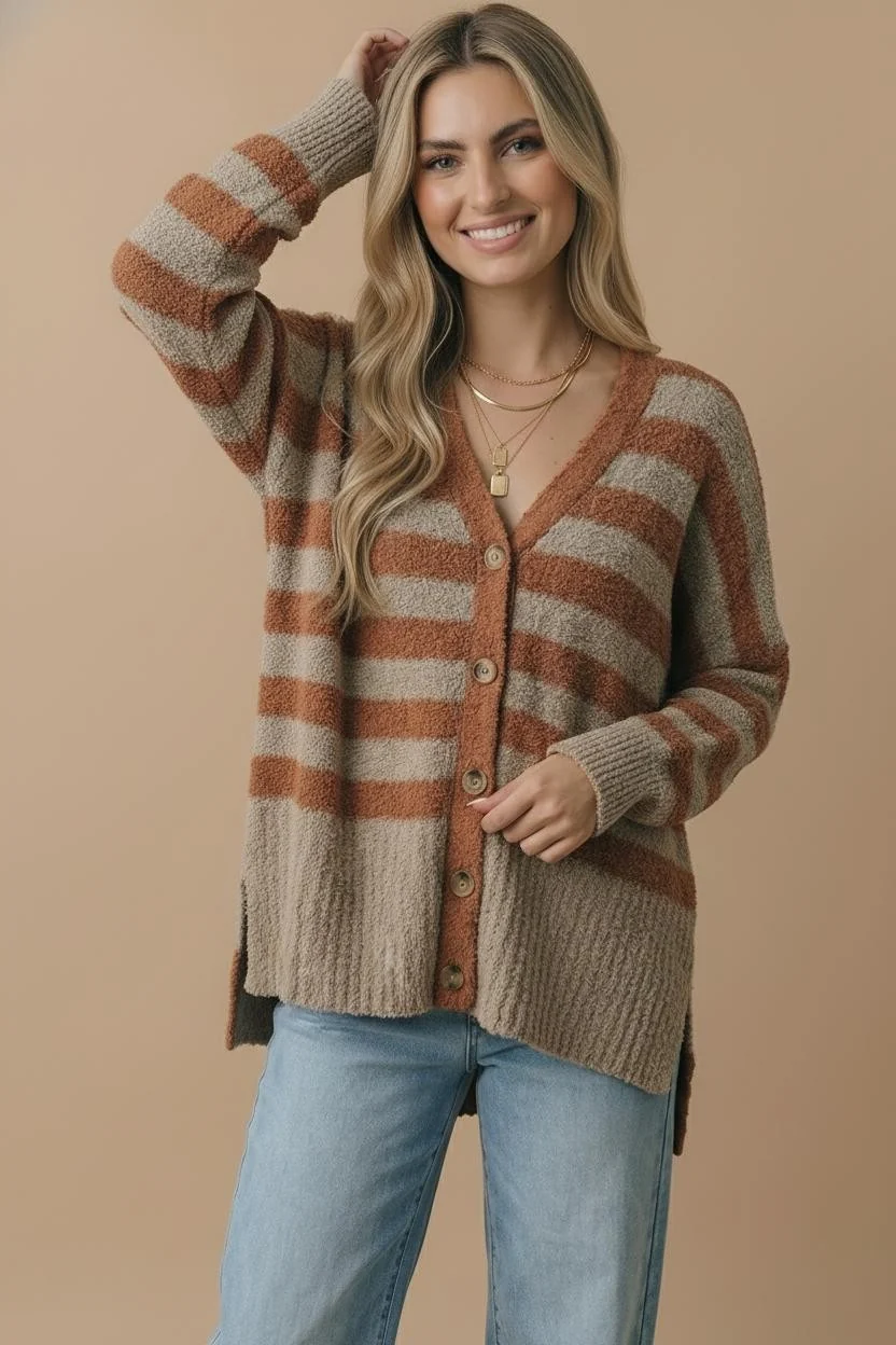 Plus Striped Boucle Button Front Cardigan Sweater - Image 9