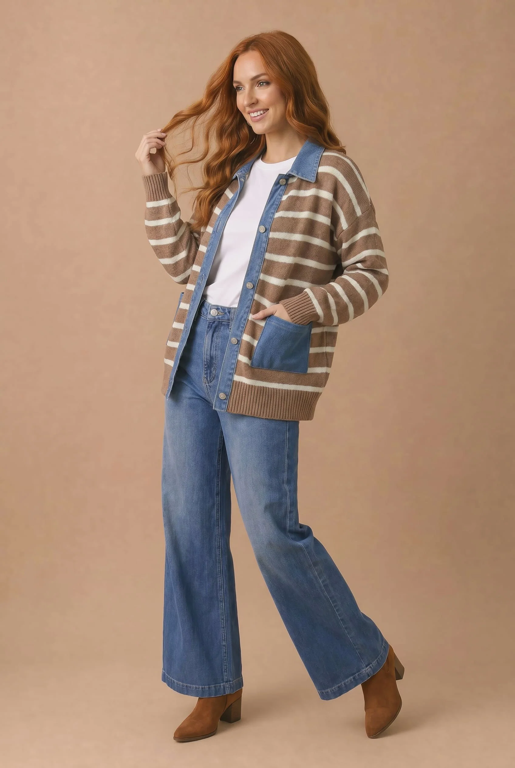 Plus Striped Knit Cardigan with Denim Trim Detail - Image 7
