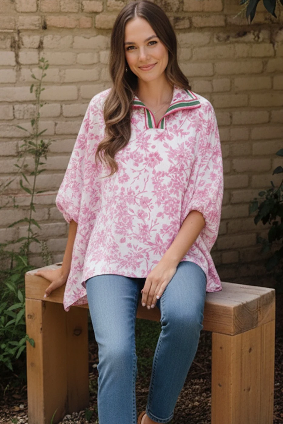 TAPED COLLAR NOTCH NECK FLORAL WOVEN TOP - Image 5
