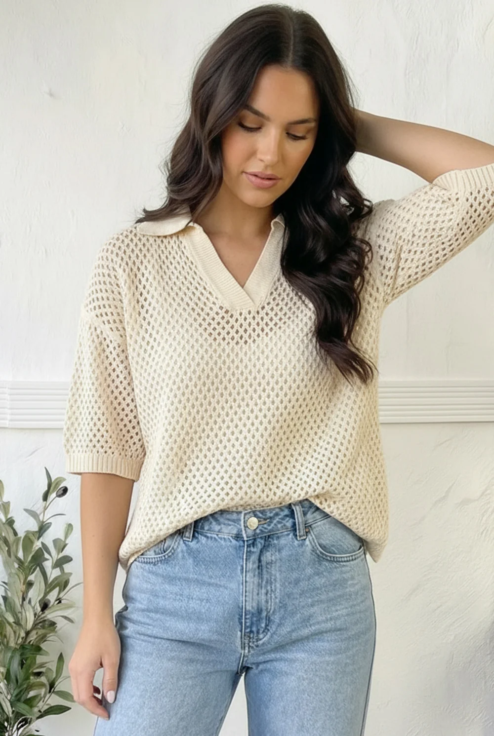 Plus Taupe Crochet Blouse - Image 4
