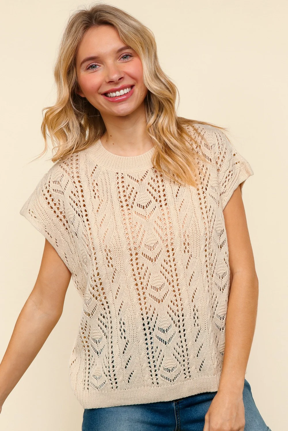 PLUS OATMEAL DOLMAN SHORT SLEEVE CROCHET SWEATER KNIT - Image 2