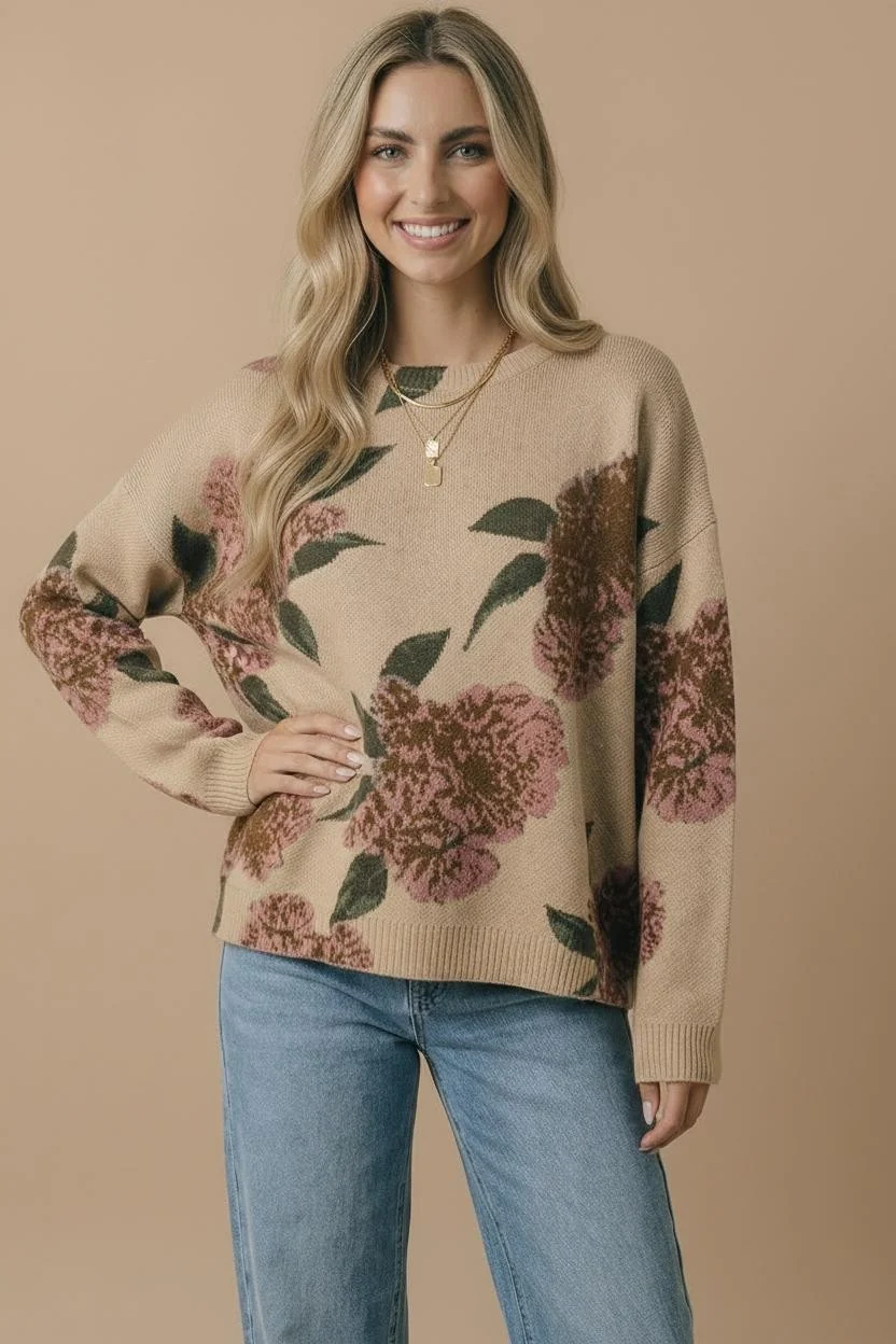Plus Taupe Floral Jacquard Knit Sweater