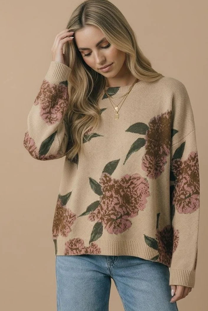 Plus Taupe Floral Jacquard Knit Sweater - Image 2