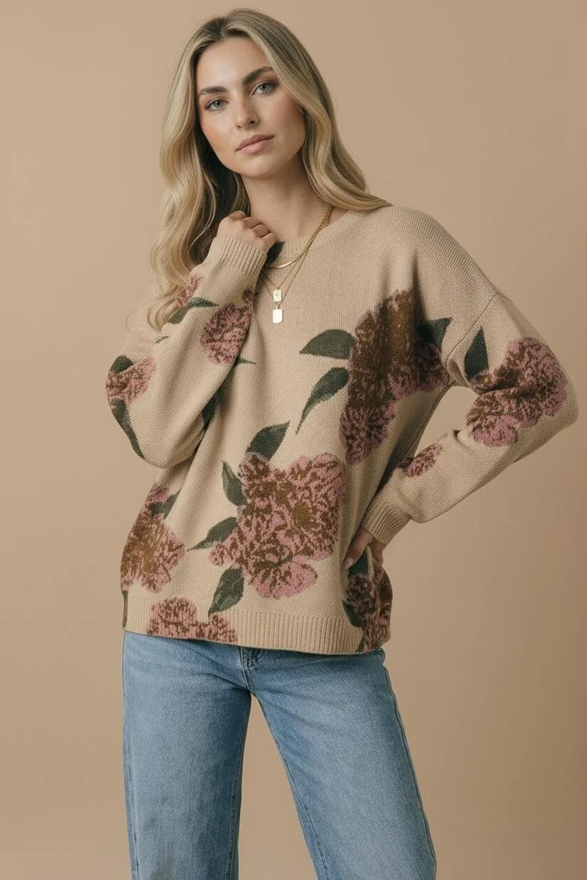 Plus Taupe Floral Jacquard Knit Sweater - Image 3