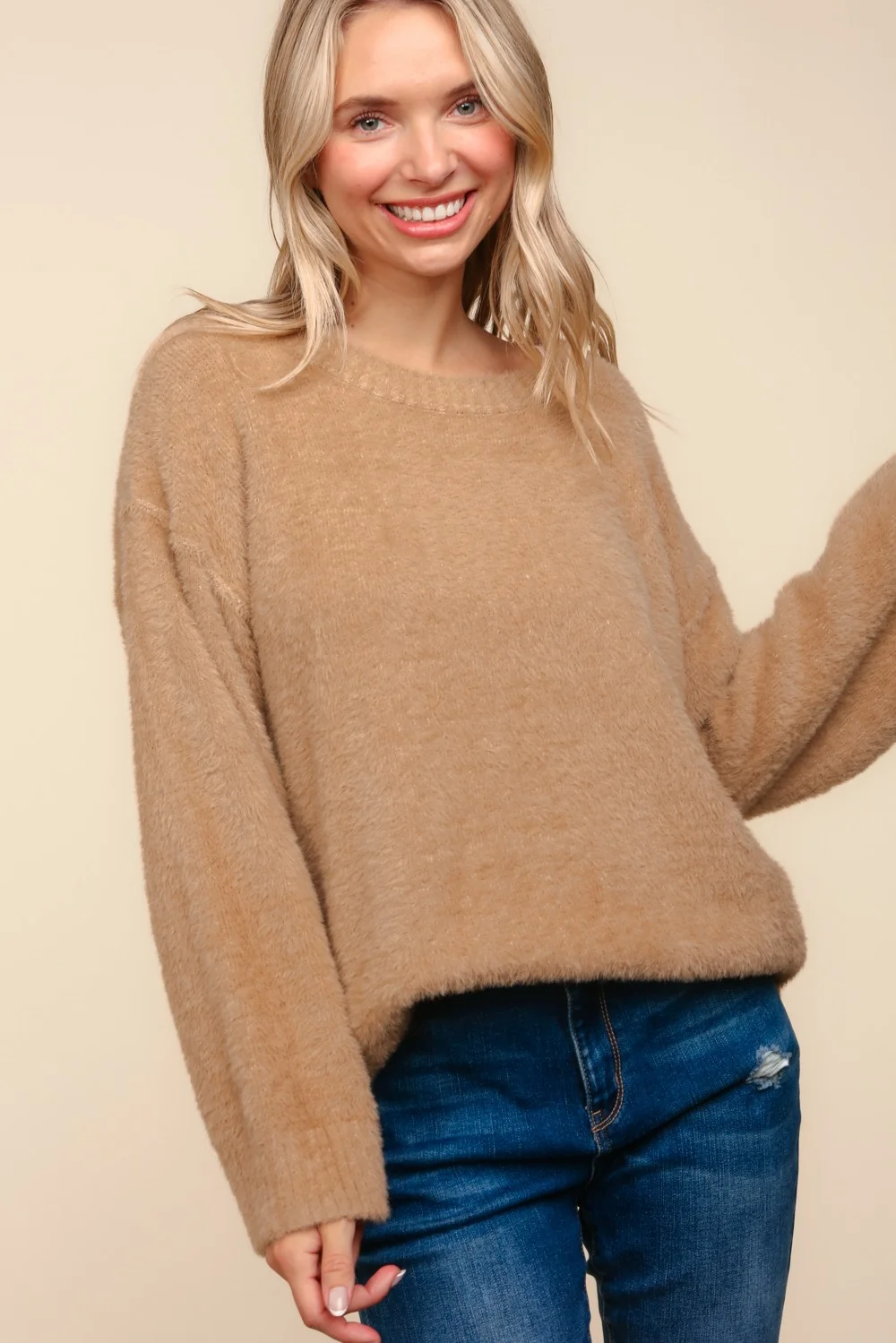 PLUS TAUPE FUZZY SOFT BRUSHED HAIRY SWEATER KNIT TOP - Image 7