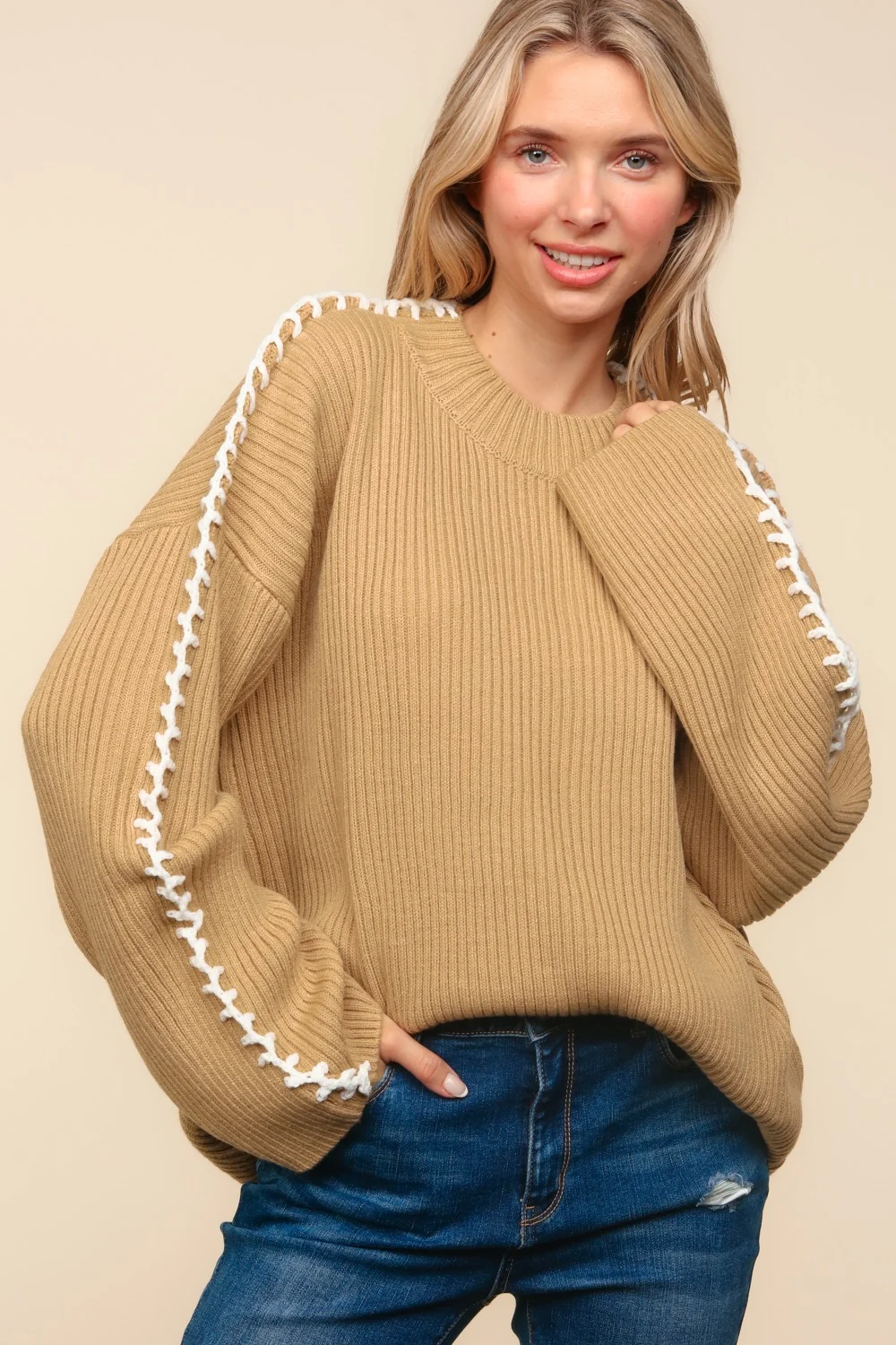 Taupe Long Sleeve with Stitch Detail Sweater - Image 5