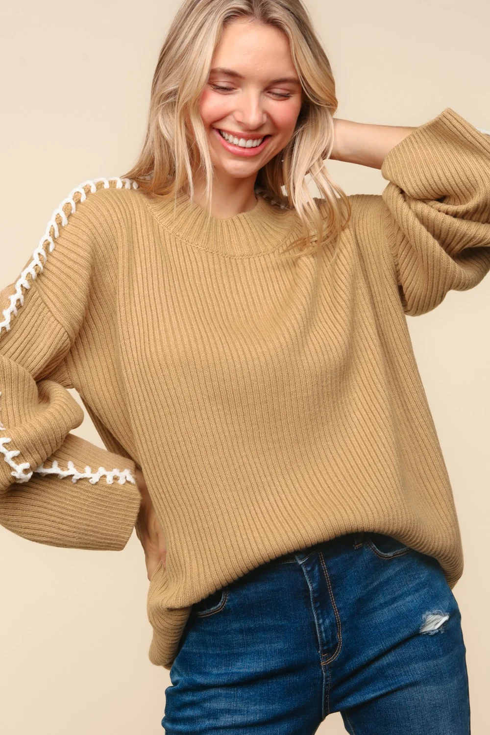 Taupe Long Sleeve with Stitch Detail Sweater - Image 4