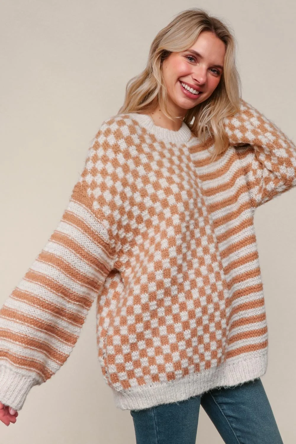 TAUPE/OATMEAL OVERSIZE CHECKER STRIPE PULLOVER SWEATER TOP - Image 3