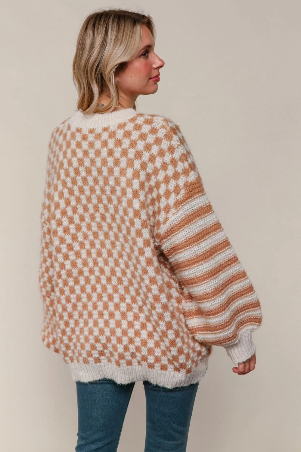 TAUPE/OATMEAL OVERSIZE CHECKER STRIPE PULLOVER SWEATER TOP - Image 4