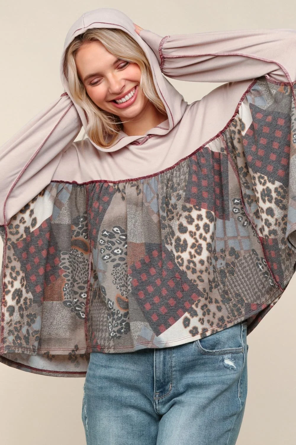 Taupe/Olive Hoodie Loose Fit Patchwork Print Pullover - Image 3