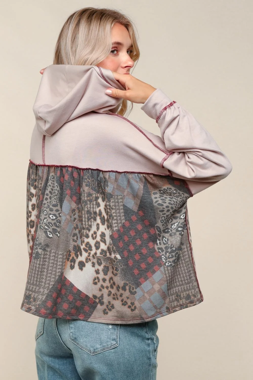 Taupe/Olive Hoodie Loose Fit Patchwork Print Pullover - Image 5