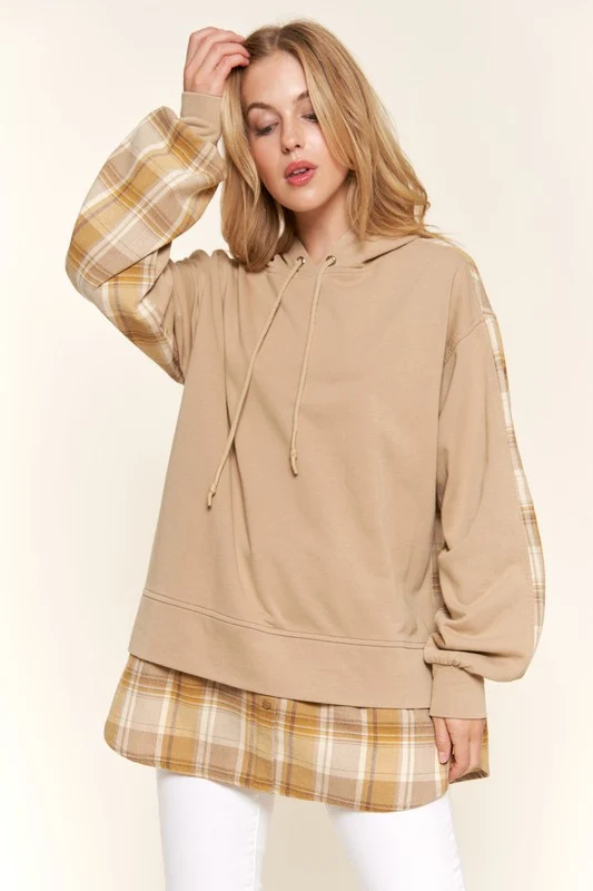 Taupe & Plaid Hoodie Sweater - Image 3