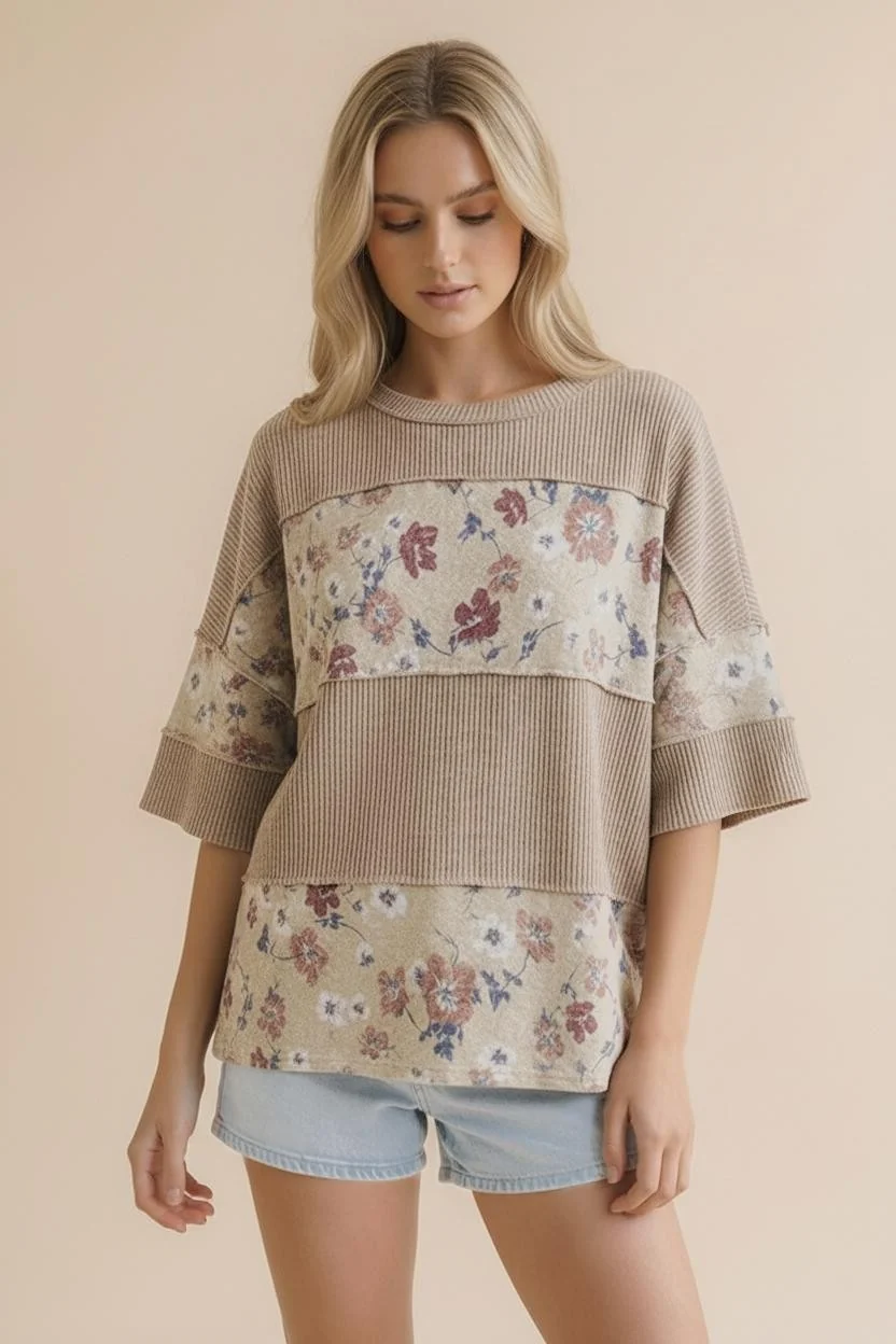 PLUS SHORT SLEEVE WAVE RIB FLORAL COLOR BLOCK TOP