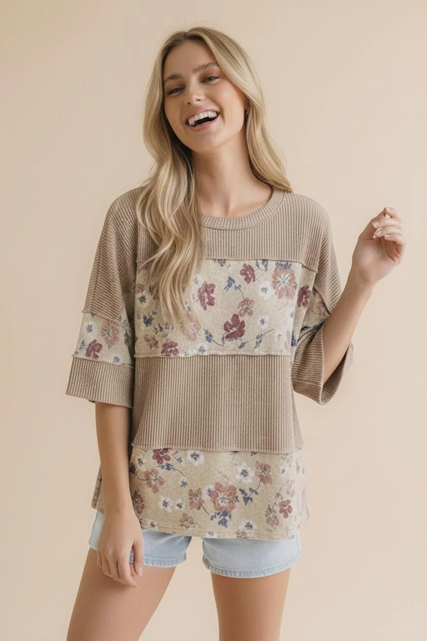 PLUS SHORT SLEEVE WAVE RIB FLORAL COLOR BLOCK TOP - Image 5