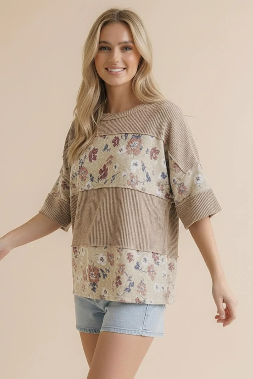 PLUS SHORT SLEEVE WAVE RIB FLORAL COLOR BLOCK TOP - Image 8