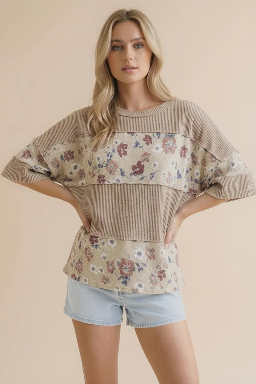 PLUS SHORT SLEEVE WAVE RIB FLORAL COLOR BLOCK TOP - Image 9