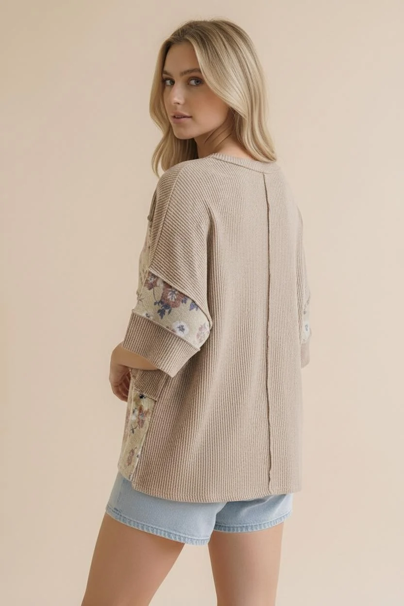 PLUS SHORT SLEEVE WAVE RIB FLORAL COLOR BLOCK TOP - Image 12