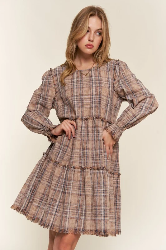 Taupe Washed Plaid Tiered Dress - Image 5