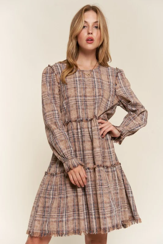 Taupe Washed Plaid Tiered Dress