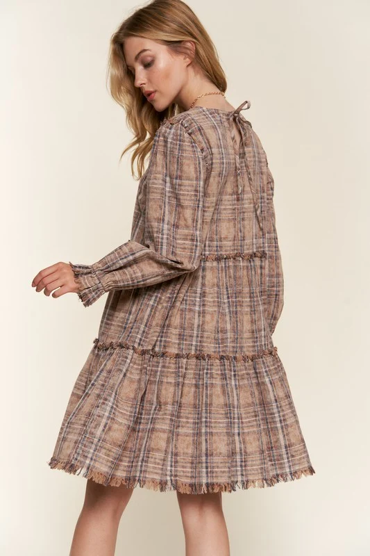 Taupe Washed Plaid Tiered Dress - Image 3