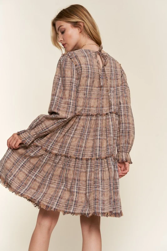 Taupe Washed Plaid Tiered Dress - Image 4